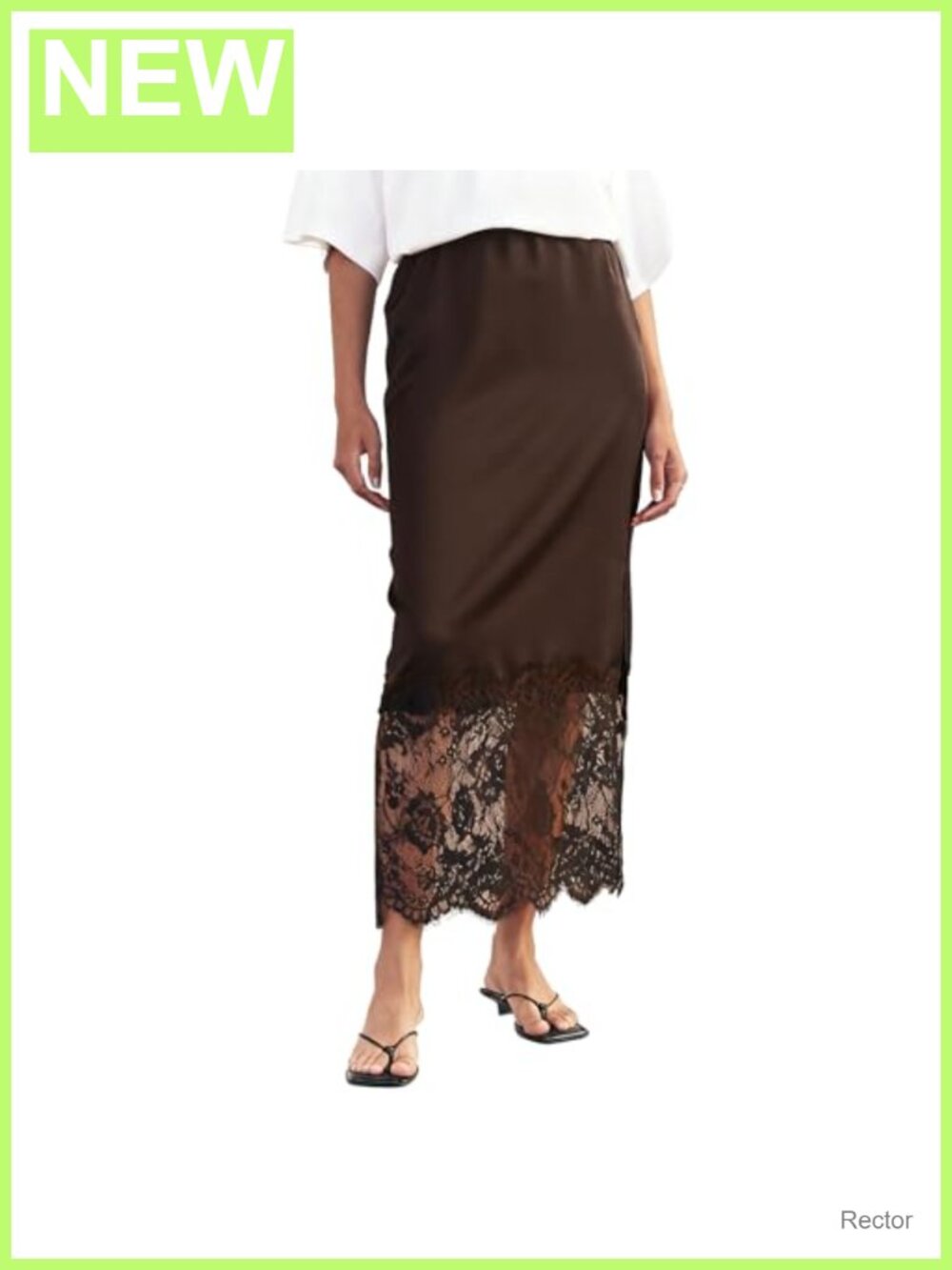 Satin Maxi Skirt A-Line Lace Patchwork Elastic Waist Side Zip